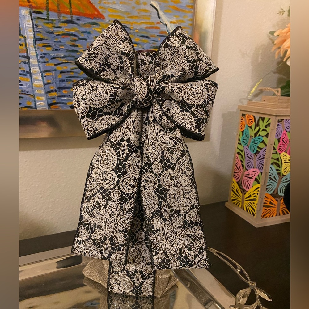 New! Elegant Black and White Lace Wine Gift Bag and Bow- Reusable